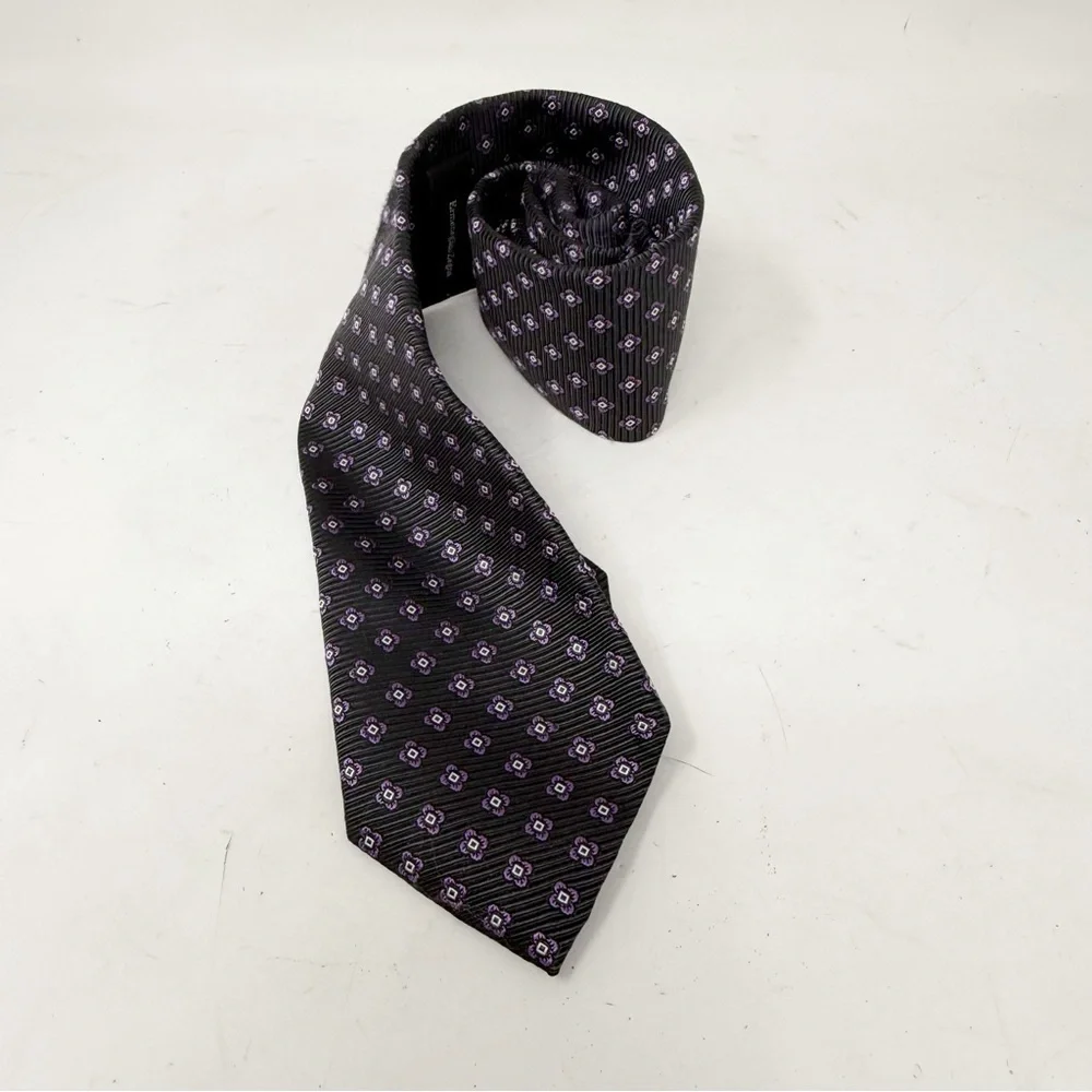 ERMENEGILDO ZEGNA Men’s Charcoal Gray Purple Geometric Weave Tie Made In Italy